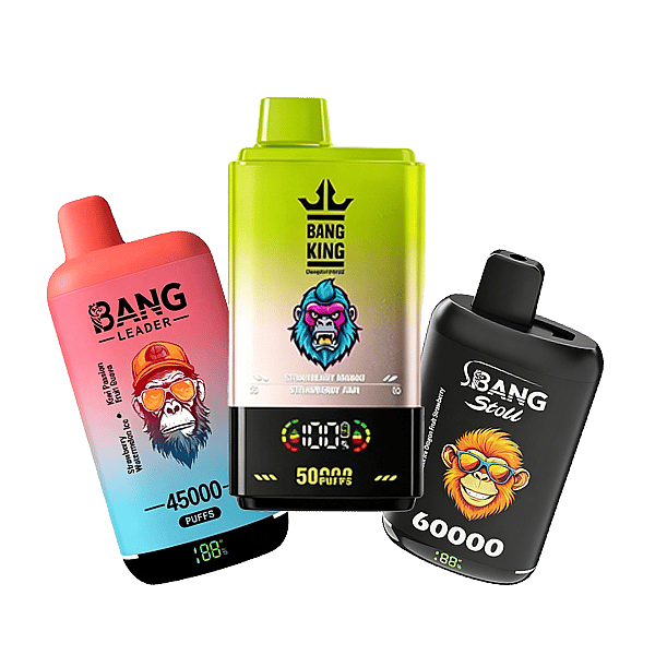 Three Bang-brand disposable vape bottles featuring cartoon monkey logos: a pink-to-blue gradient bottle on the left, a lime-green "Bang King" bottle in the center with a blue-purple monkey and a digital puff counter, and a black bottle on the right with a blond monkey and a puff counter display.