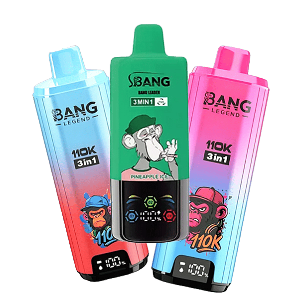 Three Bang Legend 3in1 energy drinks in blue, green, and pink gradient packaging; green bottle labeled Pineapple Ice, each features a cartoon monkey and a small digital display at the bottom.