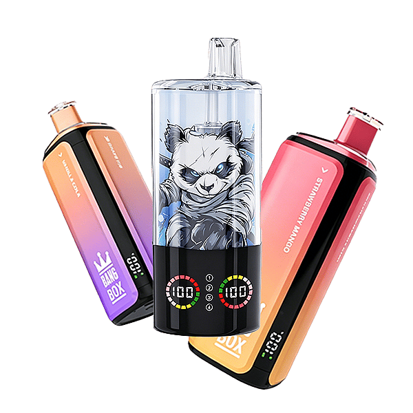 Three vape mods with gradient finishes—orange to purple on the left, pink on the right—with a central clear tank featuring a snarling white wolf with blue eyes; two circular LED readouts on the base.