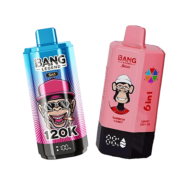 Two Bang Legend vape bottles: on the left a blue bottle with a cartoon monkey wearing a pink hat and sunglasses, label reads 120K; on the right a pink bottle with a cartoon monkey in a white cap, rainbow candy text, and a small multicolor wheel graphic.