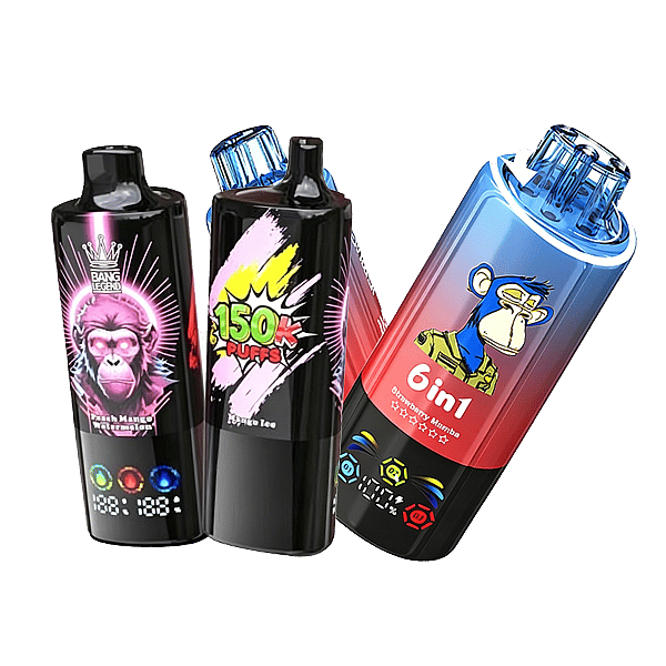Three vape pod bottles with black bodies and colorful labels: the left shows a pink gorilla graphic, the middle has a bold '150K Puffs' design, and a tilted blue bottle on the right features a cartoon monkey on a red label.