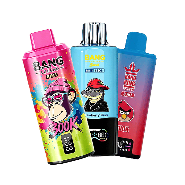 Three colorful Bang energy drink bottles in pink, blue, and teal with cartoon animal characters and bold 8in1 labels.