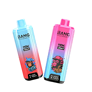Two Bang Legend 110K 3-in-1 disposable vape devices with gradient blue-to-red and pink-to-blue bodies, each featuring a cartoon monkey and a small digital display at the bottom against a black background.