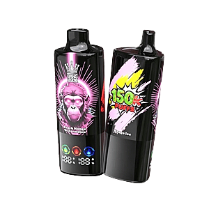 Two tall black vape bottles leaning against each other; the left bottle features a pink crowned monkey logo with neon glow and small color icons at the bottom, while the right bottle displays a bright graffiti-style '150K Puffs' label with a pink brush stroke and burst graphic.