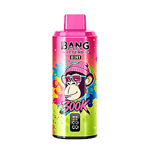Colorful Bang Legend 8IN1 energy drink can with a pink cap, featuring a cartoon monkey wearing a pink knit cap and sunglasses against a rainbow splash background, with the Bang Legend logo and the text 8IN1 and 300K on the front.