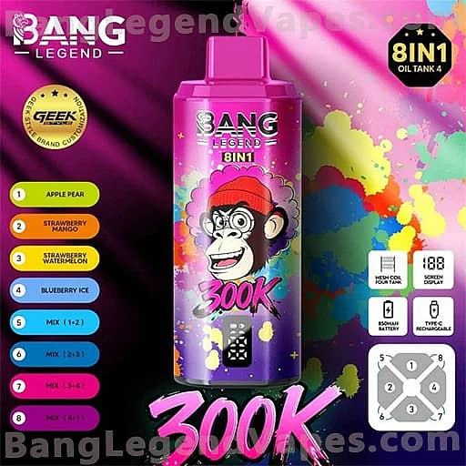 Bright pink Bang Legend 8IN1 spray bottle featuring a cartoon monkey, bold '300K' text, and a multicolor paint-splash background, with a vertical list of eight flavor options on the left.