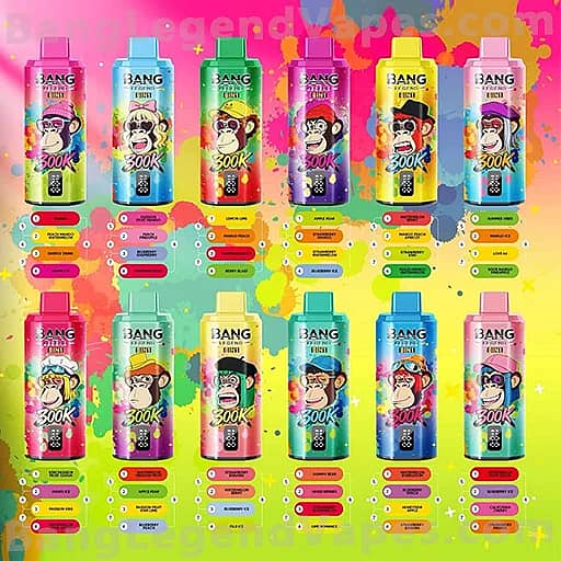 A grid of twelve Bang energy drink bottles in bright colors with monkey mascots on the labels, arranged in two rows on a neon paint-splashed rainbow background.
