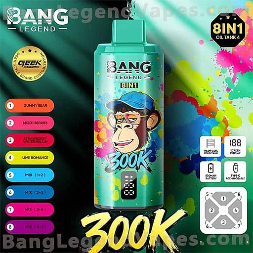 Bang Legend 8IN1 e-liquid bottle featuring a blue-capped cartoon monkey on a bright paint-splatter background, with a vertical list of eight flavors on the left and a bold 300K label at the bottom.