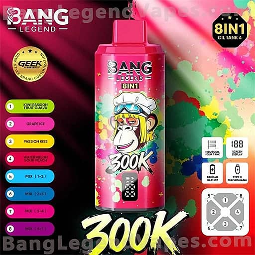 Pink Bang Legend 8IN1 energy drink can with a cartoon monkey wearing a captain’s hat in the center, bold 'BANG LEGEND' branding, a colorful paint-splatter background, flavor labels on the left and a large '300K' at the bottom.