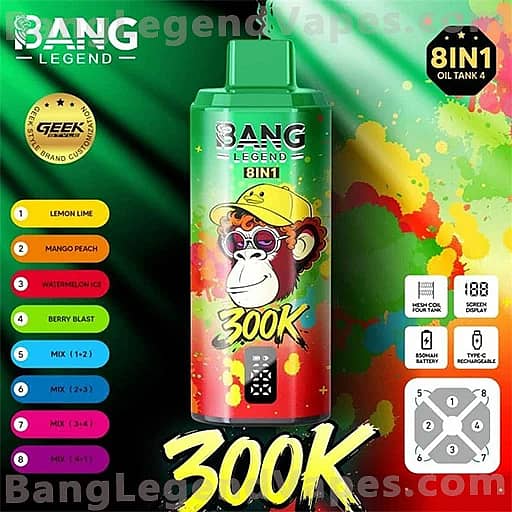 Bright Bang Legend 8IN1 vape oil ad featuring a green bottle with a cartoon monkey wearing a yellow cap, bold '300K' at the bottom, color-coded flavor swatches to the left, and a vibrant splash background with an '8IN1 Oil Tank 4' badge in the top right.