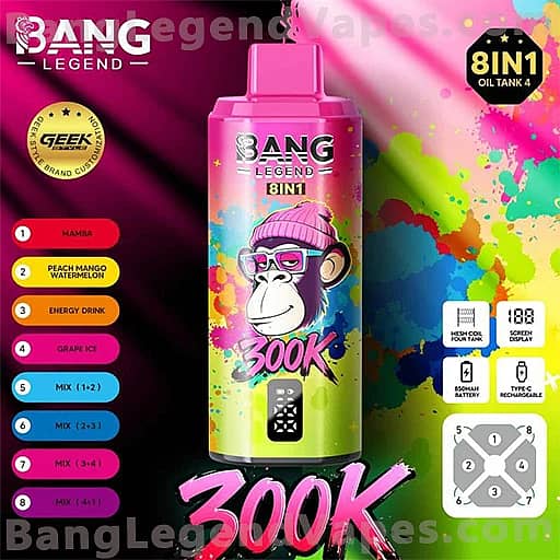 A vibrant Bang Legend 8IN1 vape juice bottle featuring a cartoon monkey wearing a pink beanie on a rainbow paint-splashed background, with a flavor list on the left and large pink 'BOOK' and '300K' text at the bottom.