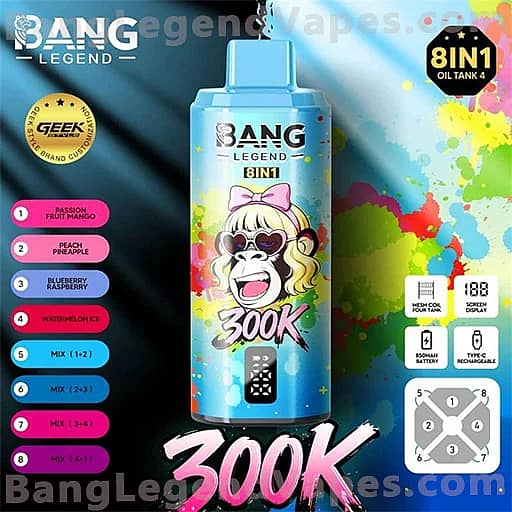 Bright blue Bang Legend 8IN1 vape bottle centered on a colorful splash background, featuring a cartoon monkey with a pink bow and heart-shaped sunglasses on the label, and large pink '300K' text at the bottom.