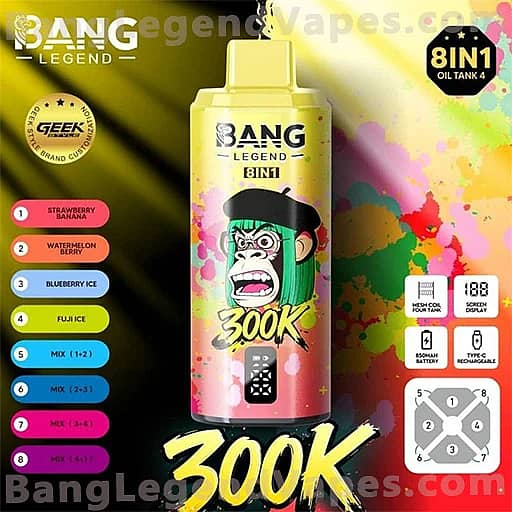 A bright Bang Legend 8IN1 vape juice can featuring a cartoon gorilla on the label, bold '300K' text, a rainbow paint-splatter background, and a color-coded flavor list on the left.