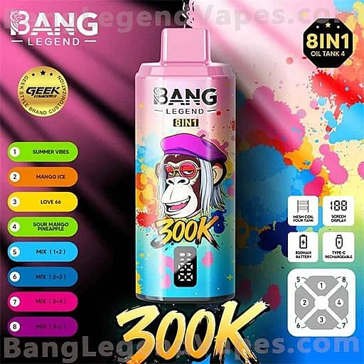 Bright graffiti background with a pink Bang Legend 8IN1 vape bottle in the center, featuring a cartoon monkey with a purple hat on the label; on the left is a vertical list of eight flavor options in colored pills, and a black 8IN1 badge appears in the upper right.