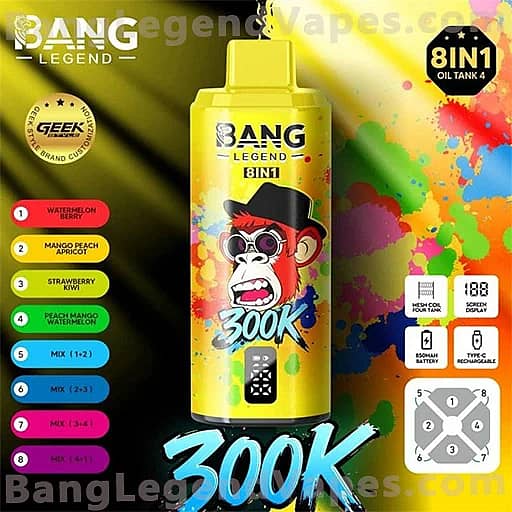 Bright yellow Bang Legend 8IN1 vape bottle with a cartoon monkey wearing sunglasses and a hat, against a colorful paint-splatter background; the label shows 'BANG LEGEND 8IN1' and '300K'.