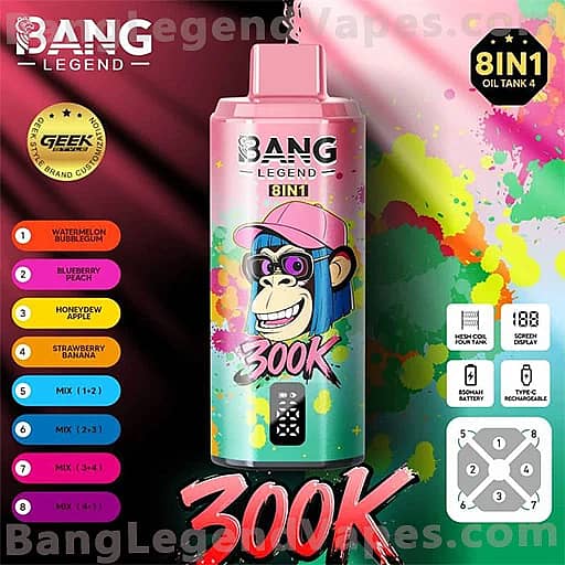 Bright Bang Legend 8IN1 e-liquid bottle with a pink cap and a cartoon gorilla wearing a cap, against a multicolored paint-splatter backdrop; the label includes '8IN1', '300K', and a flavor color list on the left.