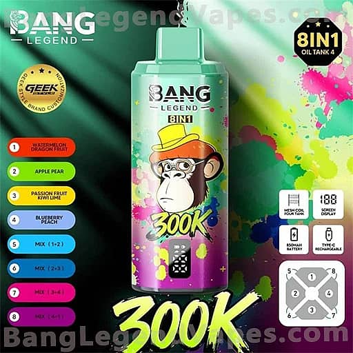 Bang Legend 8IN1 vape juice bottle with a green-to-purple gradient, featuring a cartoon monkey wearing a yellow hat, splashy colorful background, and bold 8IN1 and 300K lettering.