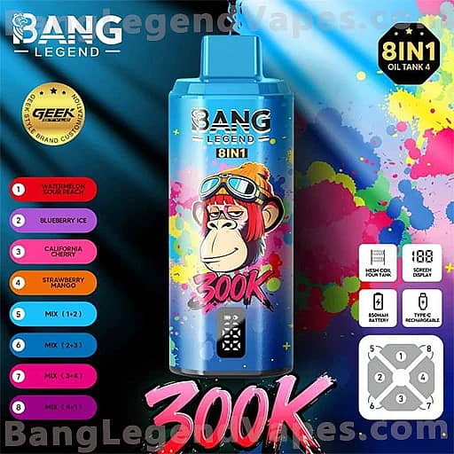 Blue Bang Legend 8IN1 vape juice bottle with a cartoon monkey wearing goggles on the label, set against a multicolor painterly background, with large pink '300K' text at the bottom and an eight-flavor badge list on the left (Watermelon Ice, Blueberry Ice, California Grape, Strawberry Mango, Mix 1-2, Mix 2-3, Mix 3-4, Mix 4-1).