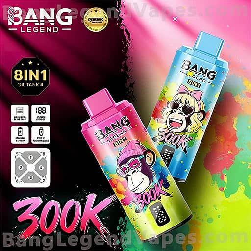 Bright advertisement for Bang Legend 8IN1 Oil Tank 4 featuring two colorful Bang Legend bottles (pink and blue) with cartoon monkey mascots against a rainbow splash background and a large '300K' graphic, with feature icons shown on the left.