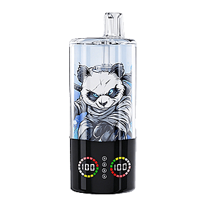 A transparent pod-style vape device with a panda illustration on the cartridge, a black base with two circular LED readouts showing 100, and a clear mouthpiece on top.