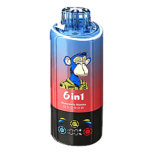 Tall gradient blue-to-red bottle with a clear blue cap, featuring a cartoon blue monkey in a yellow shirt on the front next to the '6in1 strawberry Mumbai' label with small stars, and a black base with multicolored circular icons.