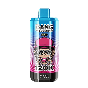 Blue vape juice bottle with a blue cap, featuring a Bang Legend Sin1 label and a cartoon gangster wearing a pink hat, sunglasses, and smoking a cigarette, with large 120K text on the lower part of the label.