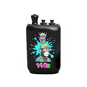 Black rectangular bottle with two knob-like caps on top; front features a colorful cartoon chimpanzee wearing an orange cap beneath a crown, the text BANG BLAZE, and a neon pink-and-green 140K, set against a blue paint-splash background.