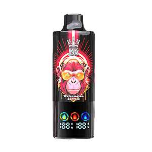 A black vape bottle with a neon red sunburst design, featuring a crowned pink monkey wearing sunglasses; the label reads 'Watermelon Berries' and there are three colored circular icons at the bottom.
