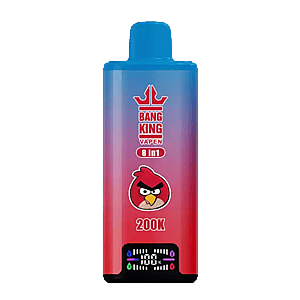 Blue to pink gradient vape bottle labeled Bang King Vapen 8 in 1 with a red angry bird logo and a small digital display at the bottom.