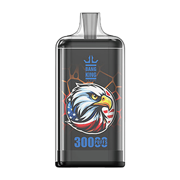 Dark disposable vape device with a circular emblem of a white eagle head over the American flag, a blue Bang King crown logo above, and blue '3000 Puffs' text at the bottom.