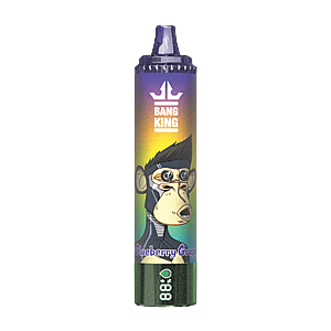Bang King vape cartridge bottle with a cartoon monkey on the label, a crown logo, and a purple-to-yellow gradient background; flavor text 'Blueberry' visible at the bottom.