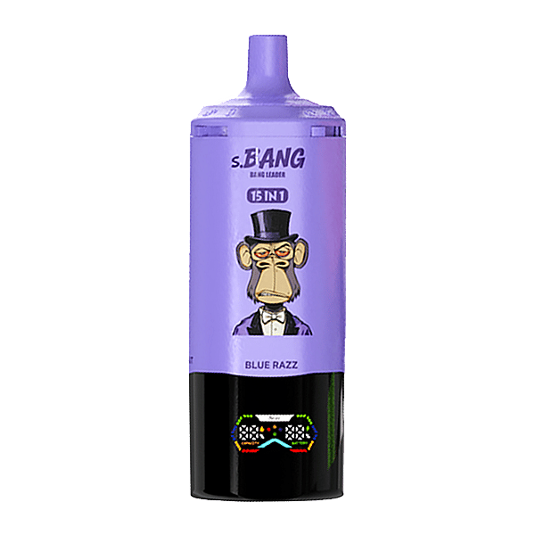 Purple vape juice bottle with a cartoon monkey in a top hat on the label, featuring the S.BANG branding, '15 IN 1', and the flavor Blue Razz, resting on a black base.