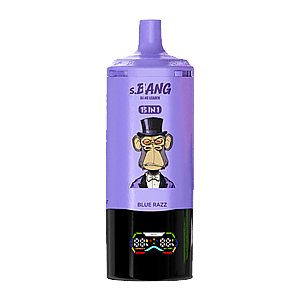 Purple vape juice bottle with a cartoon monkey in a top hat on the label, featuring the S.BANG branding, '15 IN 1', and the flavor Blue Razz, resting on a black base.