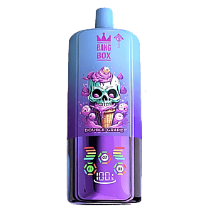 Blue-to-purple Bang Box disposable vape with a crown logo and the label 'DOUBLE GRAPE', featuring a colorful skull with an ice cream cone surrounded by grape motifs, and a bottom digital display showing 100%.