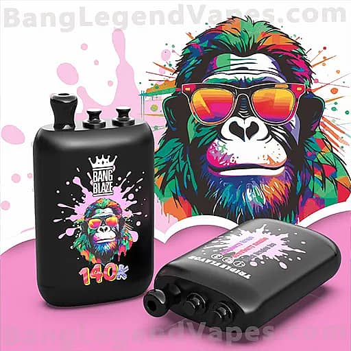 A black vape mod with a vivid rainbow gorilla graphic wearing orange sunglasses sits beside a matching pod device, set against a bright splashy background featuring pink paint splatters and a large colorful gorilla illustration.