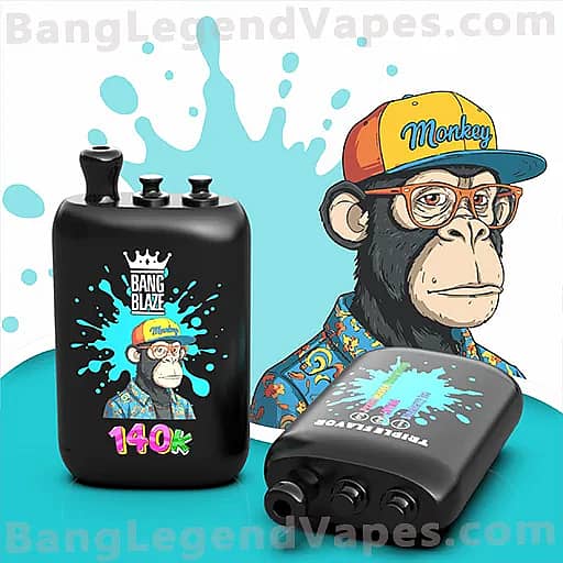 Cartoon monkey wearing a yellow and blue cap labeled 'Monkey' stands next to a tall black vape mod with turquoise splash graphics and a smaller matching vape device, both featuring the Bang Blaze crown logo.