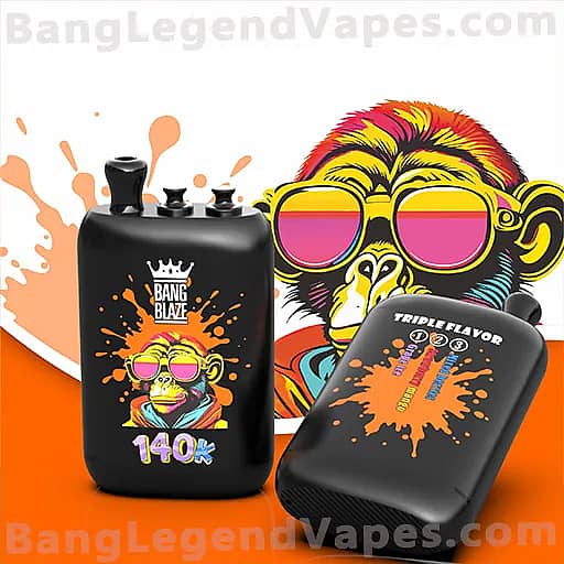 Two black vape pods display a vibrant monkey graphic—an upright pod with the Bang Blaze crown logo and '140K,' and a tilted pod featuring an orange splash and the words 'Little Flavor'—set against a colorful background with a large rainbow-colored monkey.