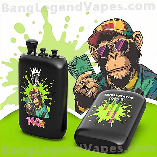 Cartoon ape wearing a yellow-red cap and purple sunglasses stands beside two black vape mods with neon green paint-splat designs; one mod is labeled 140k and the other Triple Flavor, while the ape holds dollar bills.