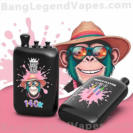Two black vape mods with colorful monkey-themed artwork; one upright with a crown logo and '140K', the other angled with a paint-splash graphic, set against a pink backdrop featuring a smiling monkey in a straw hat and sunglasses.