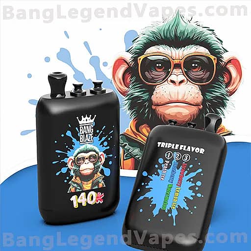An illustrated monkey wearing oversized sunglasses stands beside two black vape devices with blue paint-splatter designs; the left device features a Bang Blaze label and a small monkey image with '140k', while the right device has a 'Triple Flavor' header and a colorful flavor list.