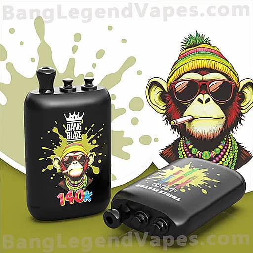 Two black vape mods feature a cartoon monkey wearing a bright multicolored knit hat and sunglasses; one stands upright with a yellow paint-splash background and a 140K graphic, while the other is laid on its side showing the same monkey design against a pale splash backdrop.