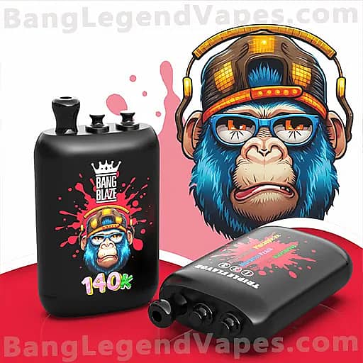 Cartoon blue gorilla with blue-framed glasses and orange headphones stands beside two black vape mods, one upright and one tilted, both featuring a colorful gorilla logo and pink splash background.
