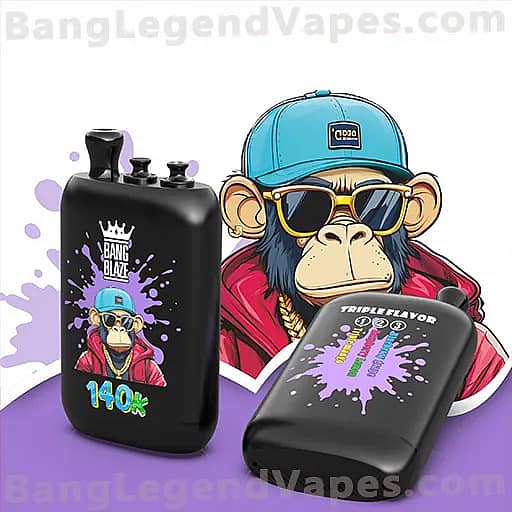 Two black vape mods with purple splash graphics; the left device features a cartoon monkey wearing a blue cap and sunglasses with '140K' text, while the right device shows 'TRIPLE FLAVOR' with colorful bars, against a purple backdrop with a BangLegendVapes watermark.