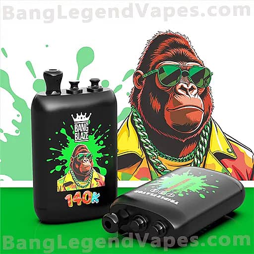 Black Bang Blaze bottle with a gorilla wearing green sunglasses and a yellow jacket on its label, set against a green paint-splatter background, and a small black handheld vape device in the foreground.