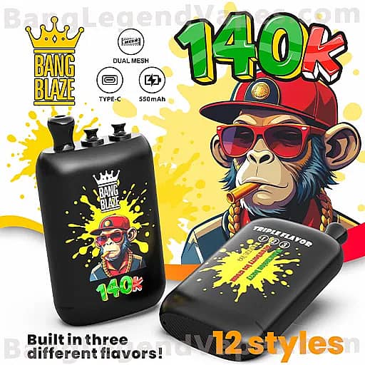 Advertisement for Bang Blaze disposable vape showing a black device with a yellow paint-splash design and a cartoon monkey wearing a red cap and sunglasses with a cigarette in its mouth; prominent 140k and 12 styles text and icons for dual mesh, Type-C, and 550mAh.