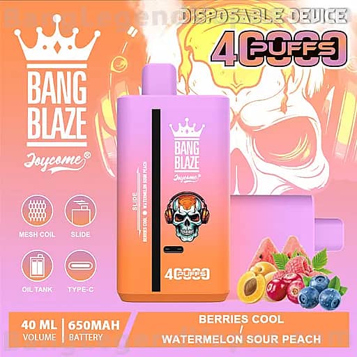 Bright pink-to-orange Bang Blaze disposable vape device with a purple mouthpiece, featuring a skull-with-headphones graphic and the Bang Blaze logo, placed beside berries and a watermelon slice, with feature icons for mesh coil, oil tank, slide, and Type-C, and specs like 40 ml and 650 mAh.