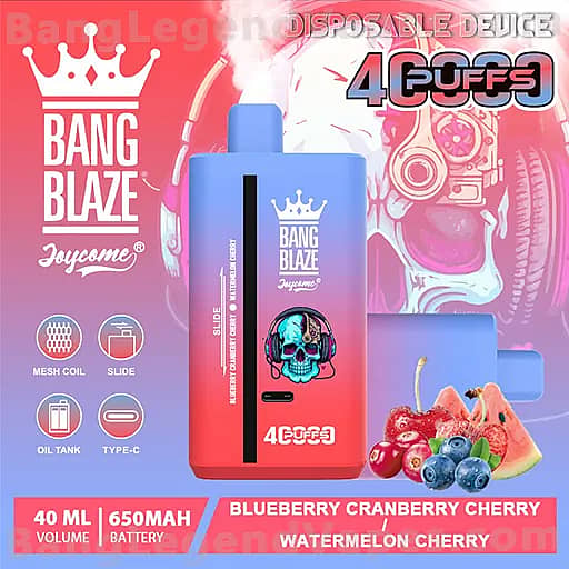 A pink-to-blue gradient Bang Blaze disposable vape device with a crown logo and skull graphic, shown with its matching packaging and fruit imagery, listing flavors Blueberry, Cranberry, Cherry, and Watermelon.