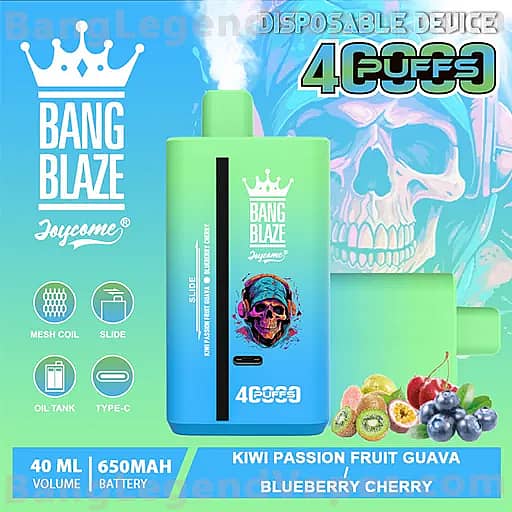 A bright blue-to-teal gradient Bang Blaze disposable vape device with a white crown logo and skull artwork, labeled 40 ml and 650 mAh, shown alongside fruit graphics and flavor names Kiwi Passion Fruit Guava Blueberry Cherry.