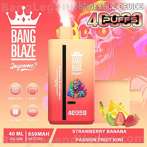 Bang Blaze disposable vape device with a pink-to-orange gradient, crown logo and vibrant artwork, flavor Strawberry Banana Passion Fruit Kiwi, featuring 40 ml capacity and 650 mAh battery.