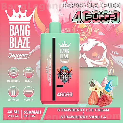 Pink and mint Bang Blaze disposable vape with a skull logo, a mint-green device, and strawberry imagery; packaging shows 40 puffs, 40 ml capacity, 650 mAh battery, and flavors Strawberry Ice Cream and Strawberry Vanilla.